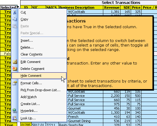 Hiding the Selecting Transactions Comment