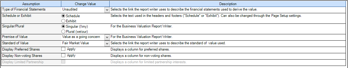 Setup Assumptions Sheet