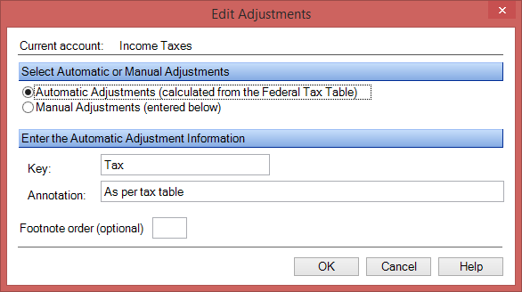 Adjust Income Taxes Dialog Box